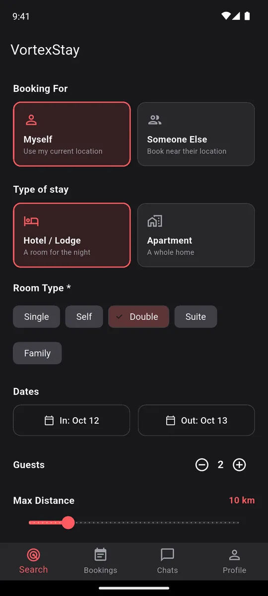Ukurasa wa mbele wa app ya VortexStay